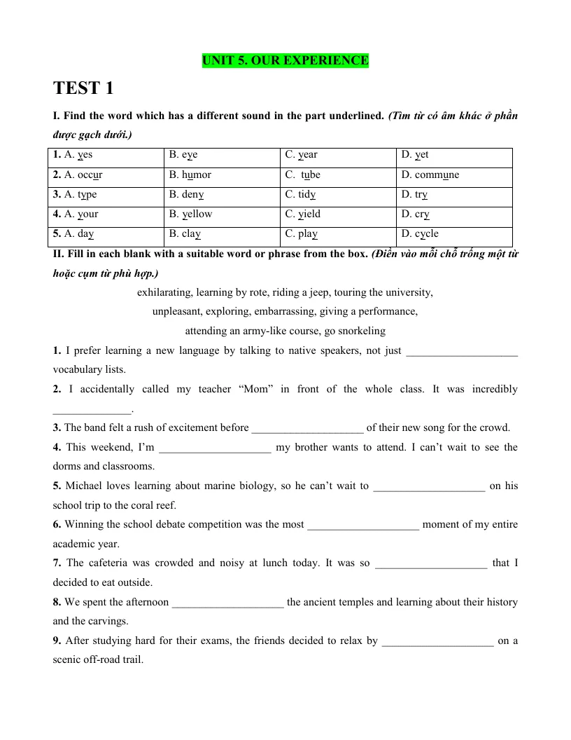Bài Tập Tiếng Anh 9 Unit 5 Our Experience