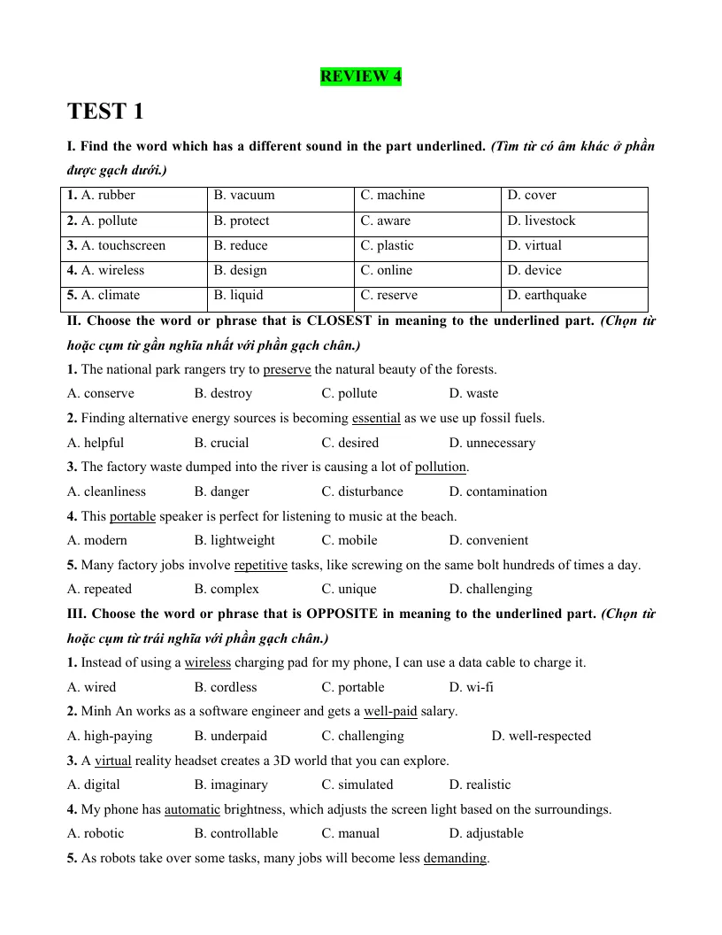 Bài Tập Tiếng Anh 9 Review 4