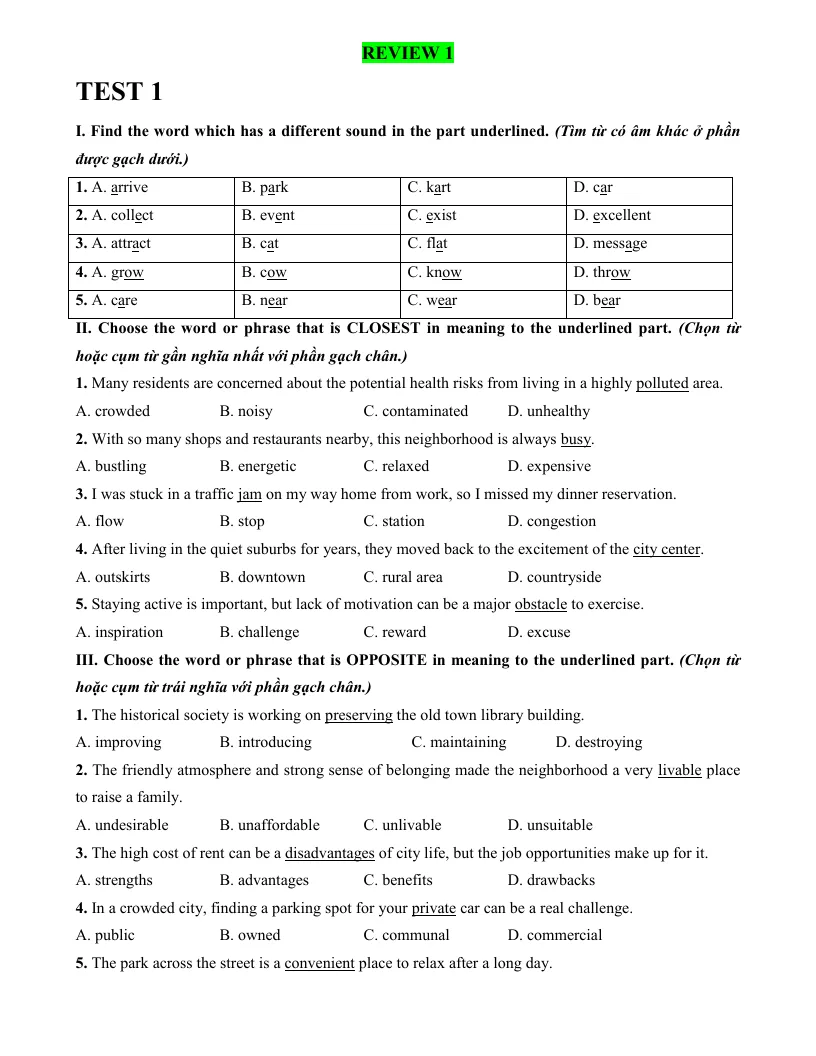 Bài Tập Tiếng Anh 9 Review 1