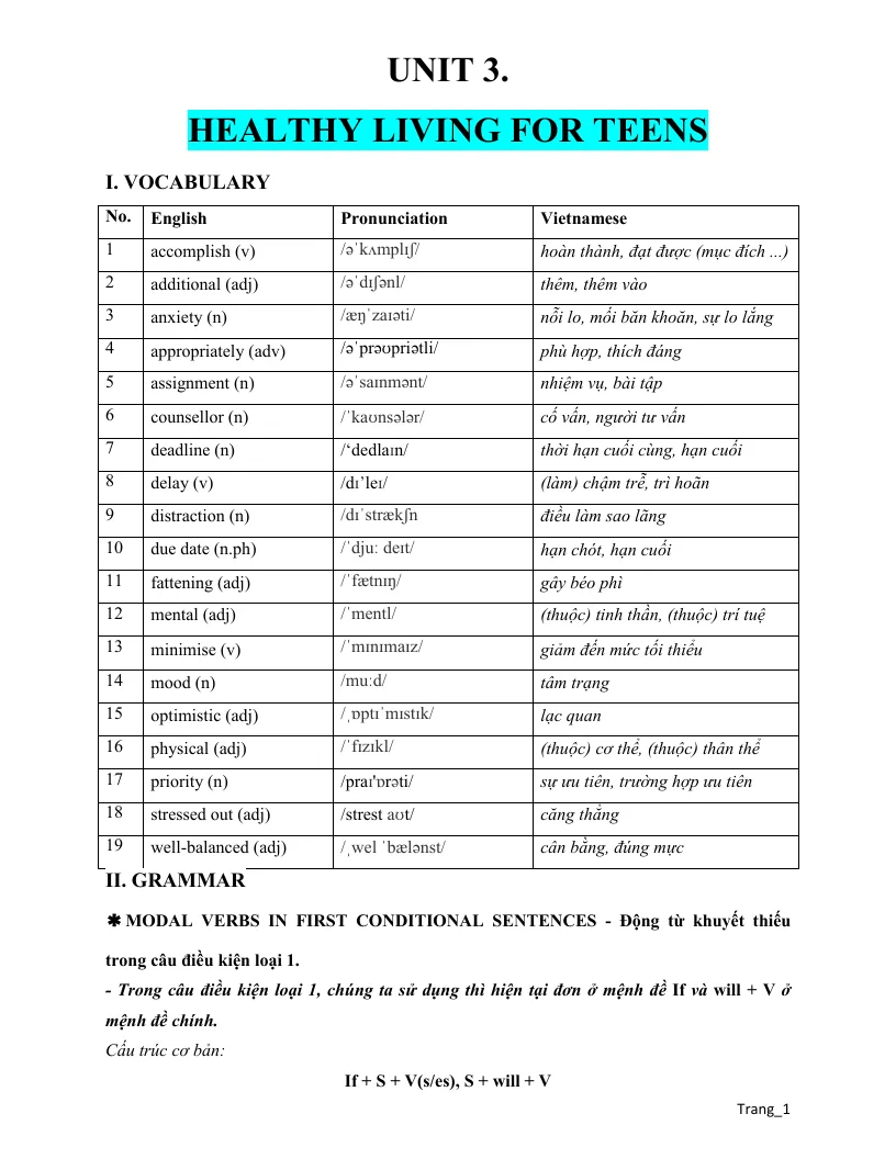 Từ Vựng Và Ngữ Pháp Tiếng Anh 9 Global Unit 3 Healthy Living For Teens
