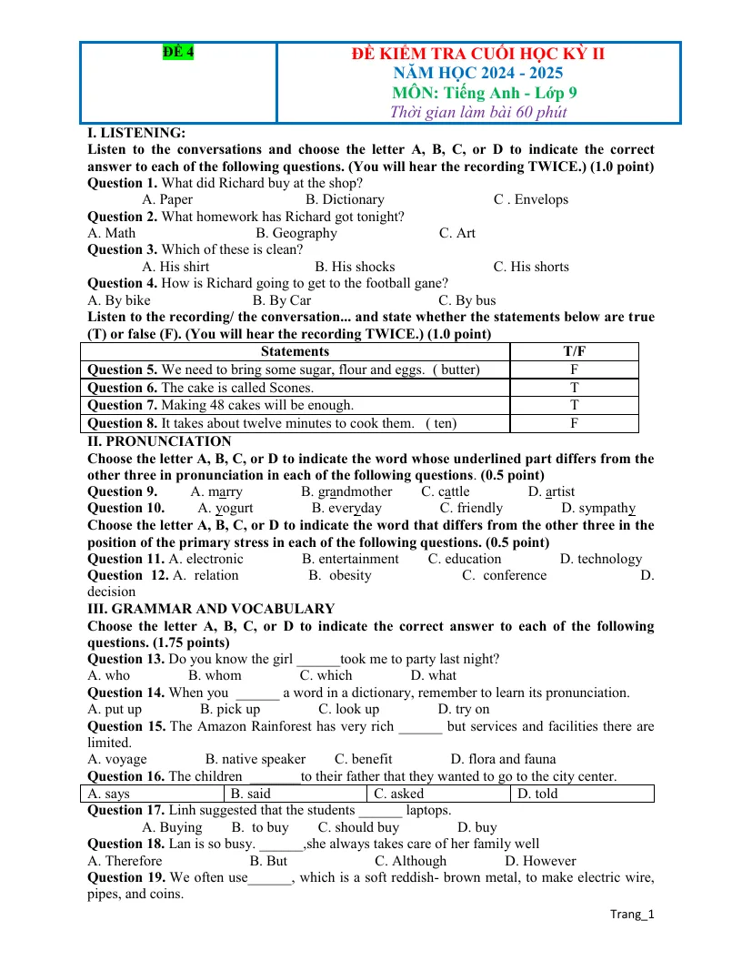 Đề Thi Học Kỳ 2 Tiếng Anh 9 Có Đáp Án Và File Nghe - Đề 4