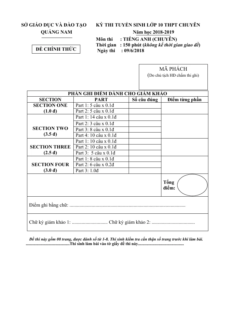 Đề Thi Tuyển Sinh 10 Tiếng Anh Chuyên Sở GD Quảng Nam 2018 - 2019 Có Đáp Án Và File Nghe