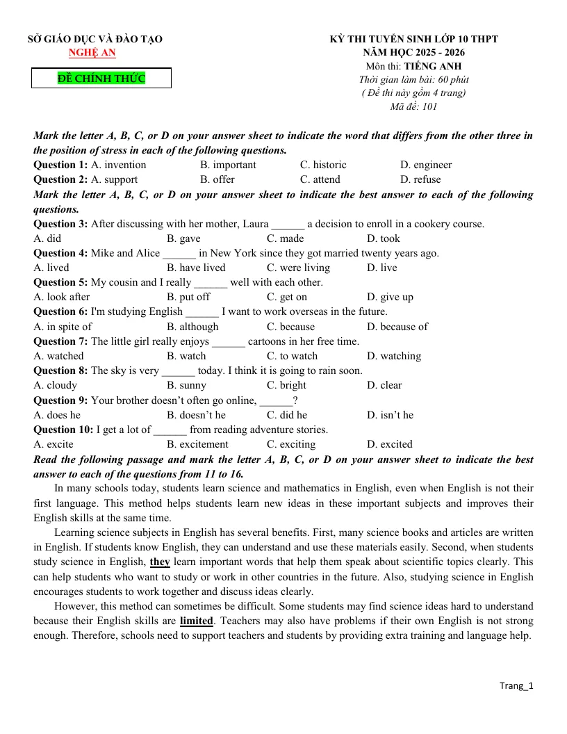 Đề Tuyển Sinh 10 Tiếng Anh Sở GD Nghệ An 2025 - 2026