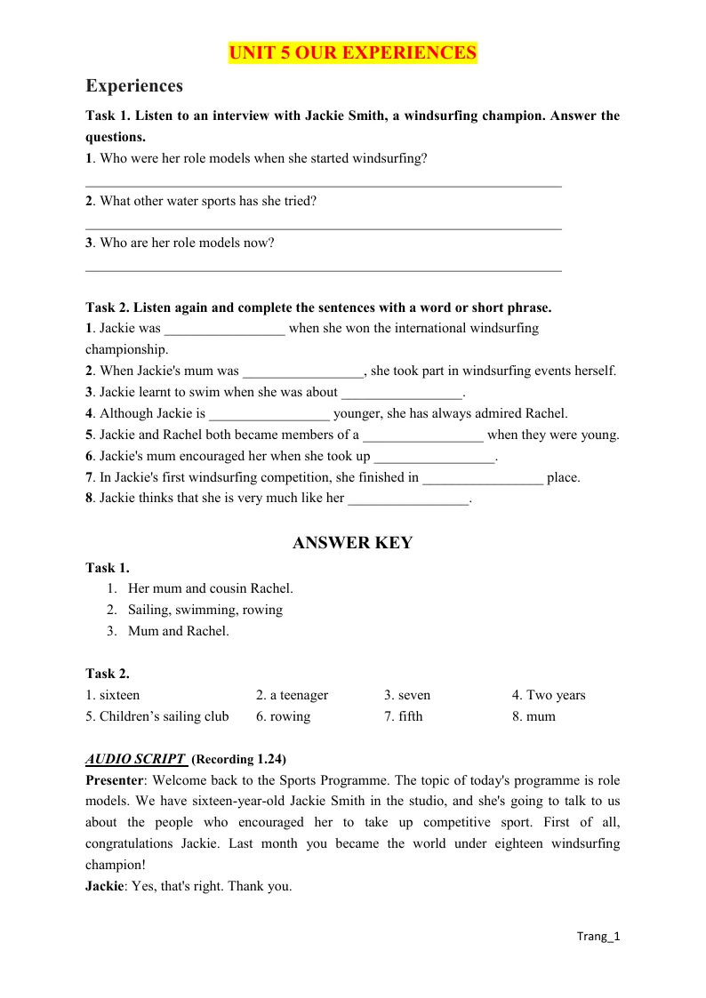 Bài Tập Bổ Trợ Anh 9 Global Unit 5 Our Experiences Có Đáp Án Và File Nghe
