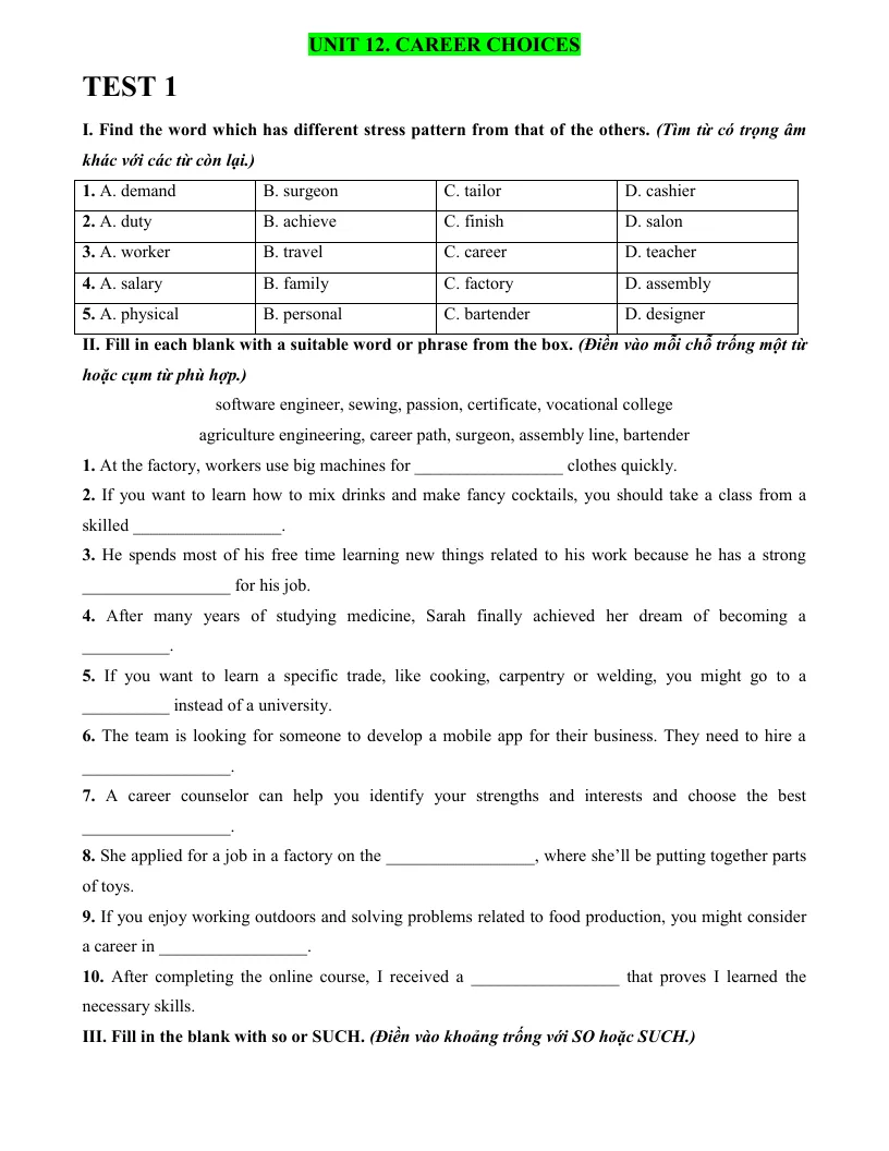 Bài Tập Tiếng Anh 9 Unit 12 Career Choices