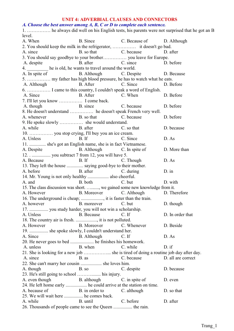 Bài Tập Chuyên Đề 4 Adverbial Clauses And Connectors Có Đáp Án Ôn Thi Vào Lớp 10