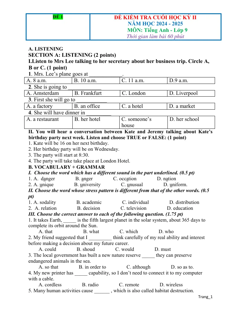 Đề Kiểm Tra Học Kỳ 2 Tiếng Anh 9 Có Đáp Án Và File Nghe - Đề 1