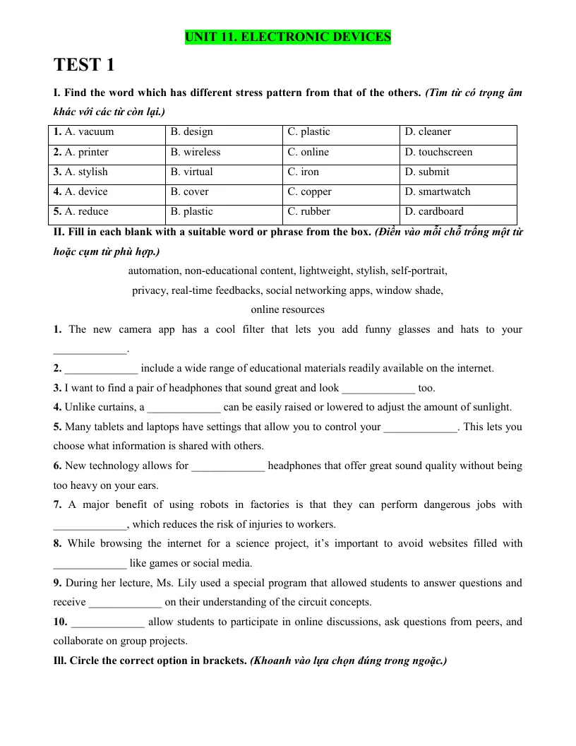 Bài Tập Tiếng Anh 9 Unit 11 Electronic Devices
