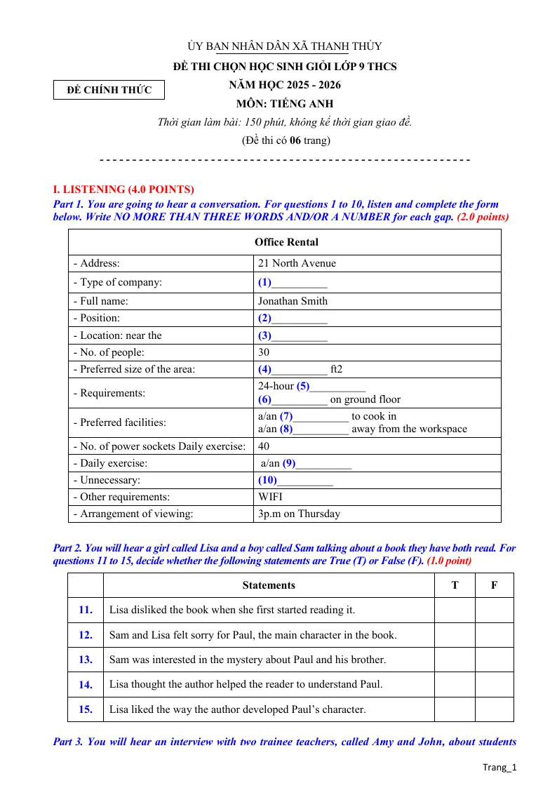 Đề Thi HSG Tiếng Anh 9 Xã Thanh Thủy Phú Thọ 2025 - 2026 Có File Nghe