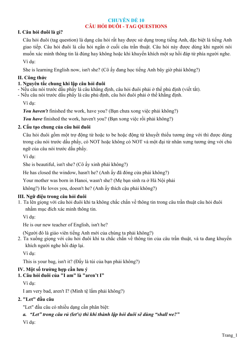 Chuyên Đề Ngữ Pháp Tiếng Anh: Chuyên Đề 10 Câu Hỏi Đuôi - Tag Question