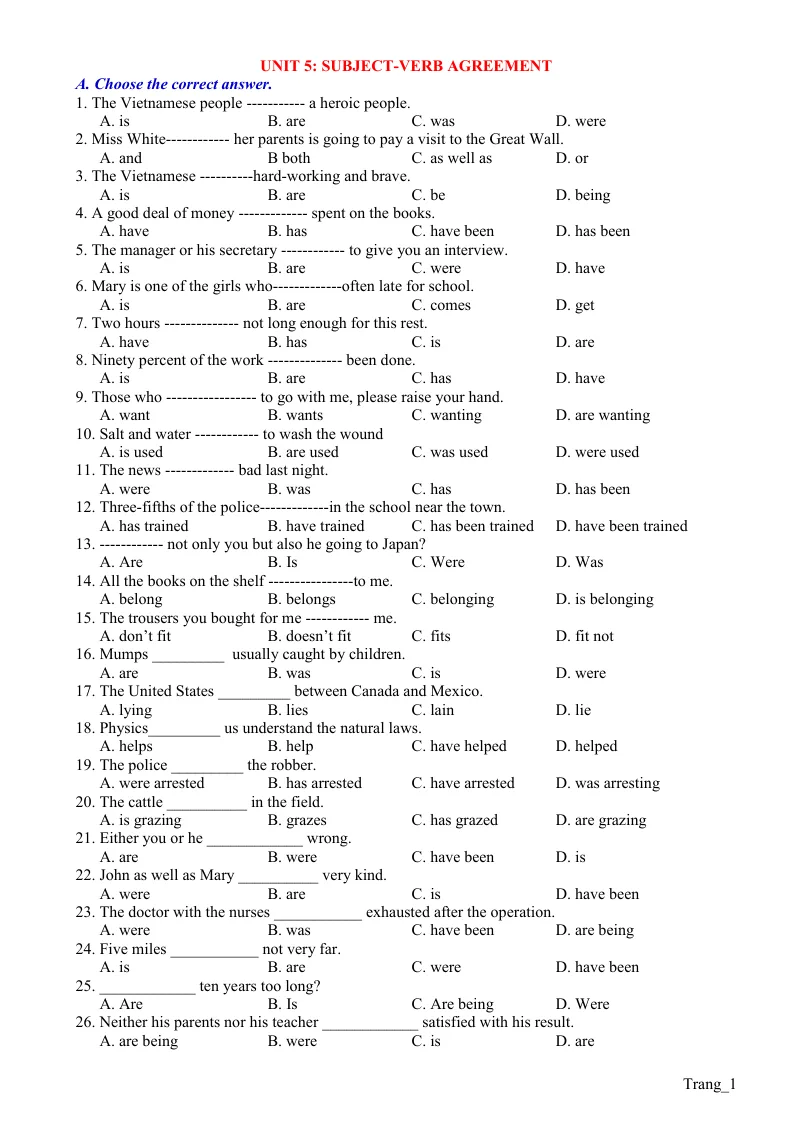 Bài Tập Chuyên Đề 5 Subject - Verb Agreement Có Đáp Án Ôn Thi Vào Lớp 10