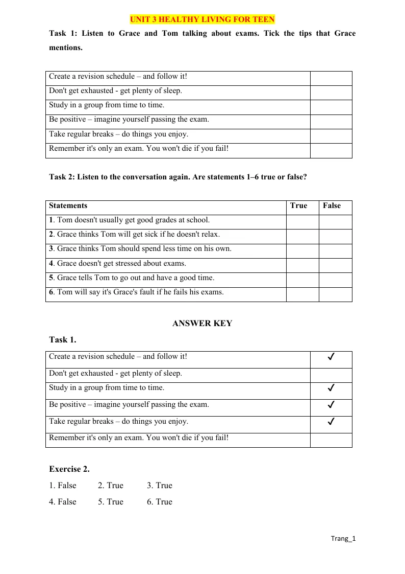 Bài Tập Bổ Trợ Anh 9 Global Unit 3 Healthy Living For Teen Có Đáp Án Và File Nghe