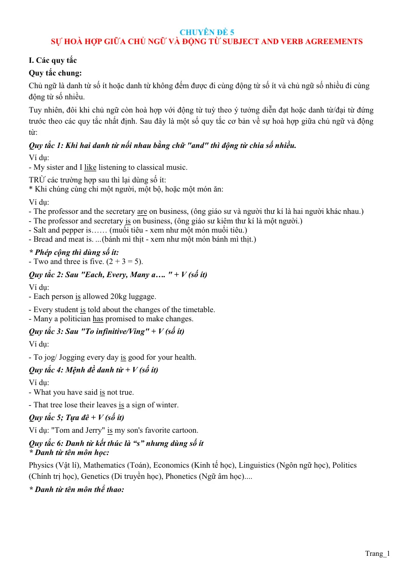 Chuyên Đề Ngữ Pháp Tiếng Anh: Chuyên Đề 5 Sự Hoà Hợp Giữa Chủ Ngữ Và Động Từ Subject And Verb Agreements