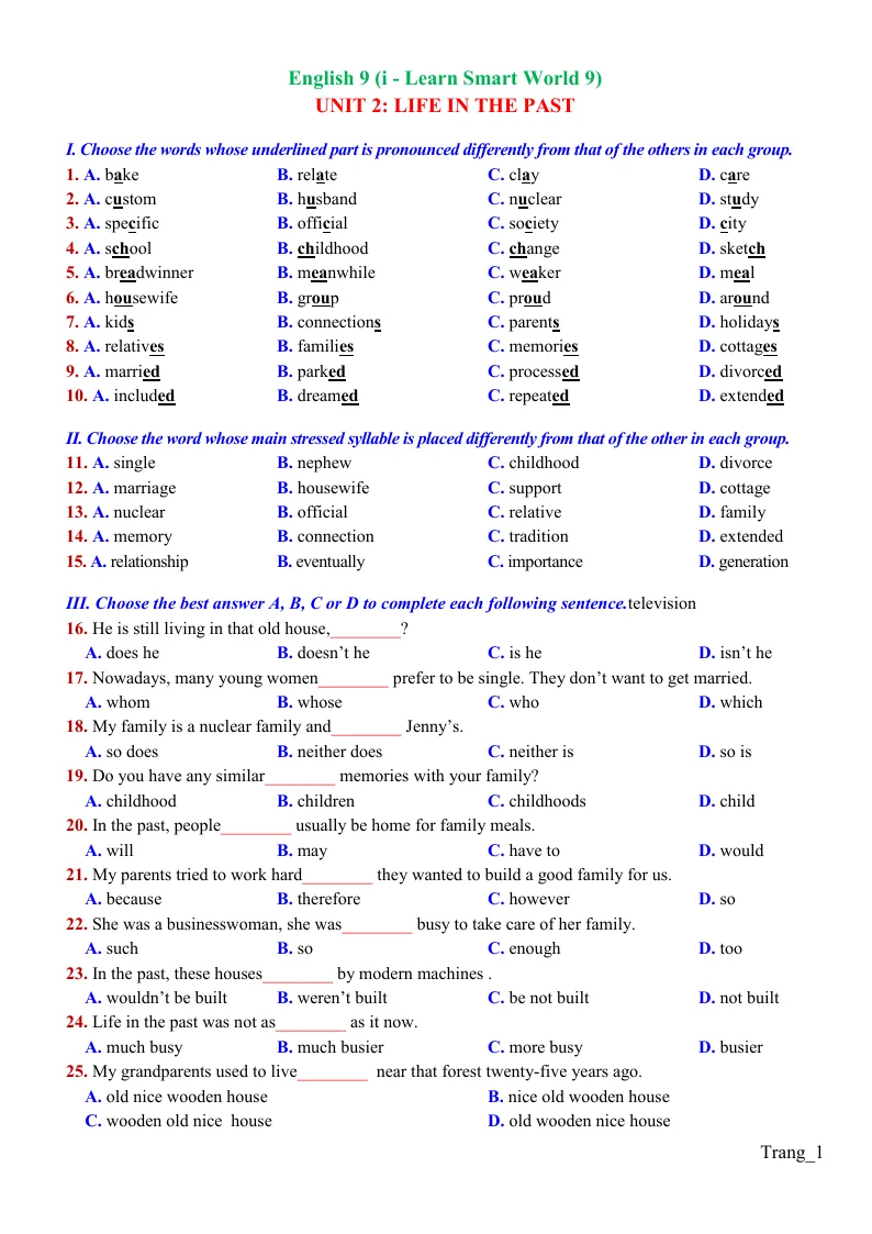 Bài Tập Anh 9 i - Learn Smart World Unit 2 Life In The Past