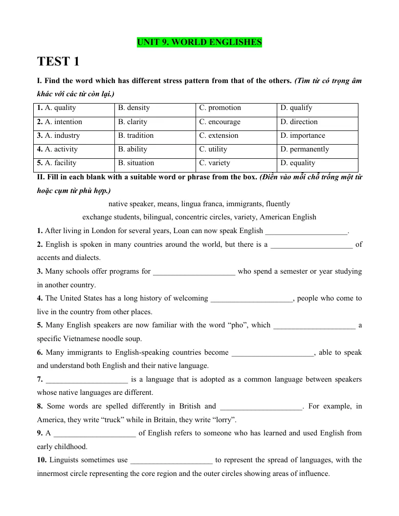 Bài Tập Tiếng Anh 9 Unit 9 World Englishes