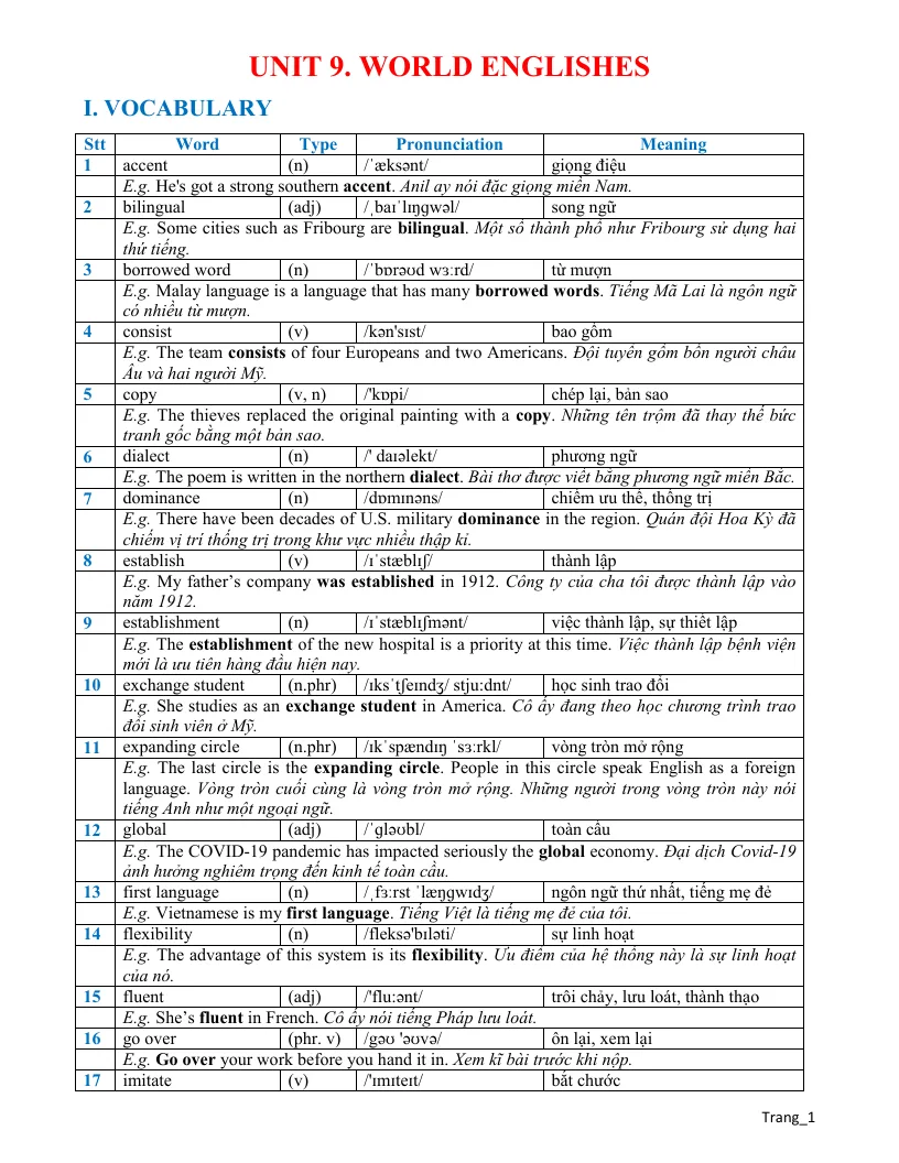 Bài Tập Chuyên Sâu Tiếng Anh 9 Unit 9 World Englishes
