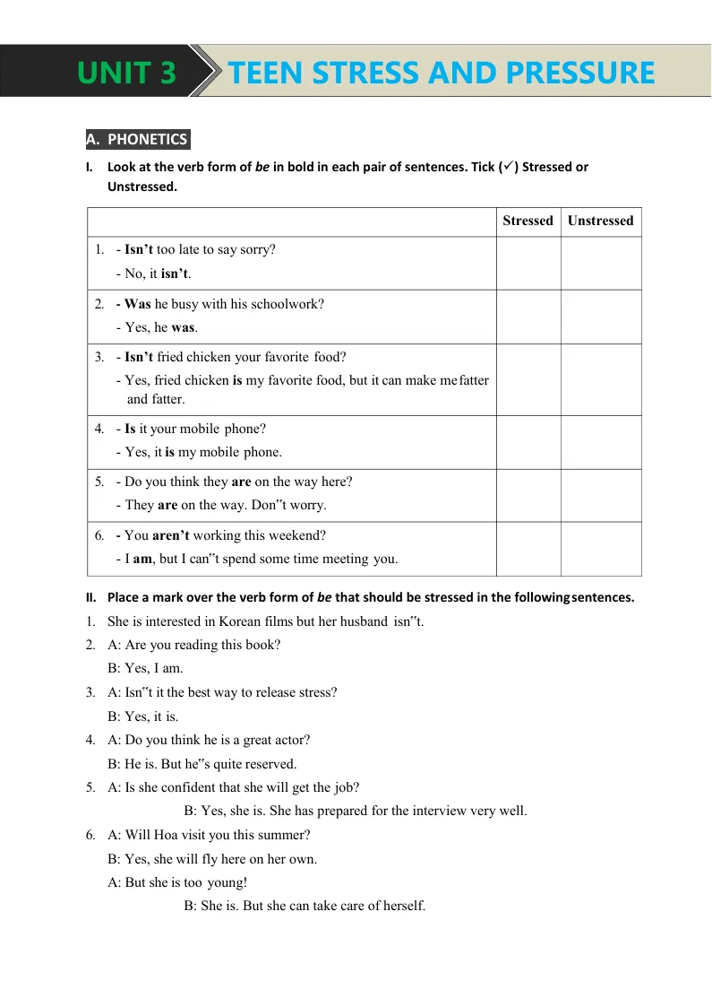 Bài Tập Tiếng Anh 9 Chương Trình Mới Bài 3: Teen Stress And Pressure Có Đáp Án - Mai Lan Hương - Hà Thanh Uyên