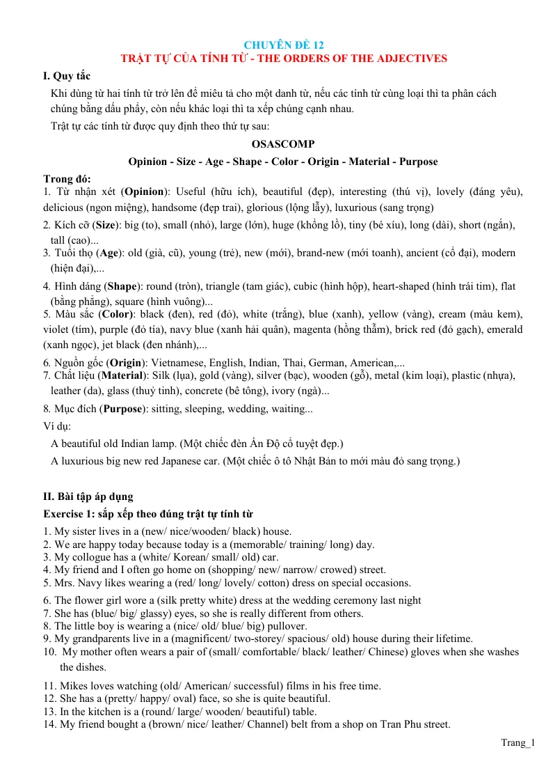 Chuyên Đề Ngữ Pháp Tiếng Anh: Chuyên Đề 12 Trật Tự Của Tính Từ - The Orders Of The Adjectives