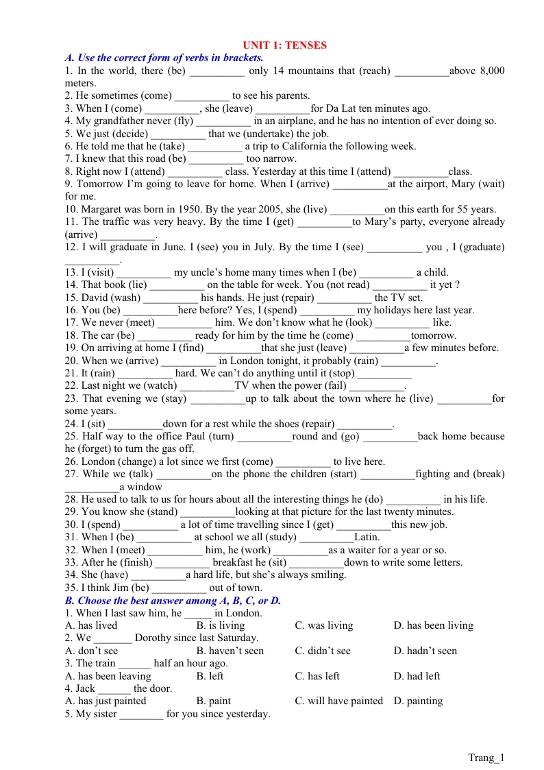 Bài Tập Chuyên Đề 1 Tenses - Các Thì Có Đáp Án Ôn Thi Vào Lớp 10
