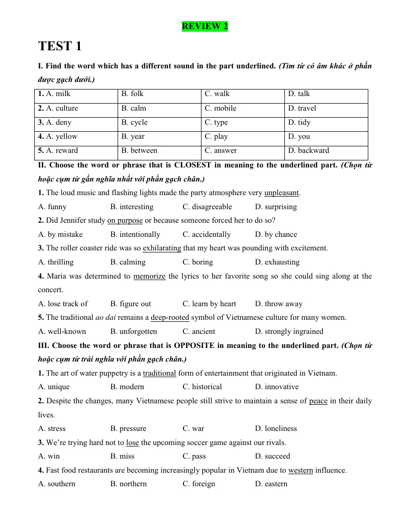 Bài Tập Tiếng Anh 9 Review 2