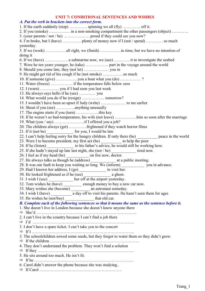 Bài Tập Chuyên Đề 7 Conditional Sentences And Wishes Có Đáp Án Ôn Thi Vào Lớp 10