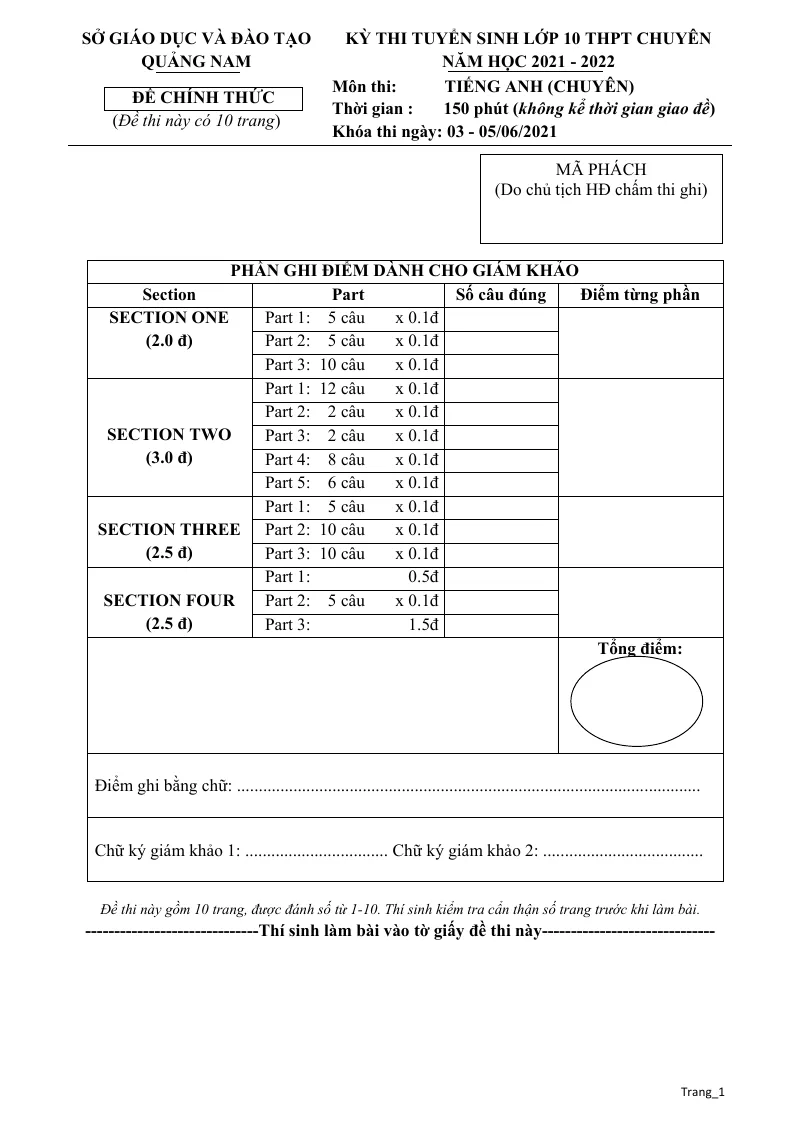 Đề Tuyển Sinh 10 Chuyên Tiếng Anh Chuyên Sở GD Quảng Nam 2021 - 2022