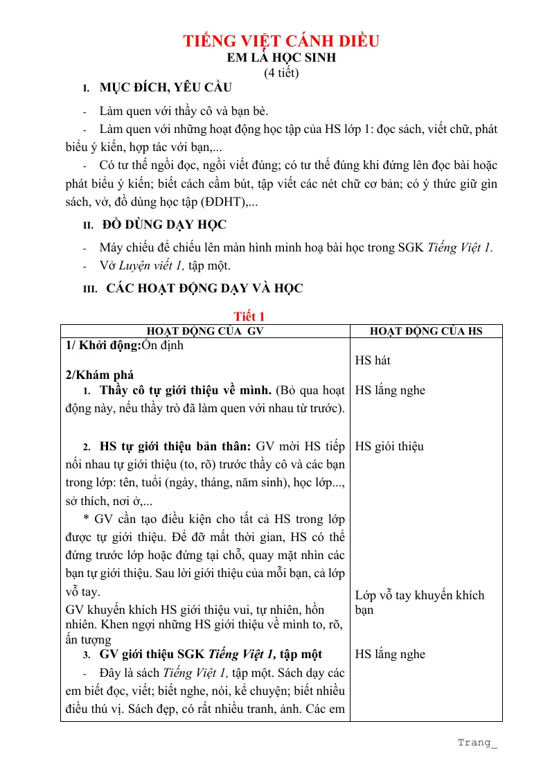 Giáo Án Tiếng Việt 1 Sách Học Kỳ 1