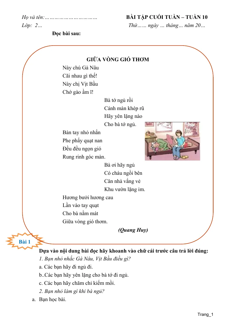 Phiếu Cuối Tuần Tiếng Việt 2 Tuần 10