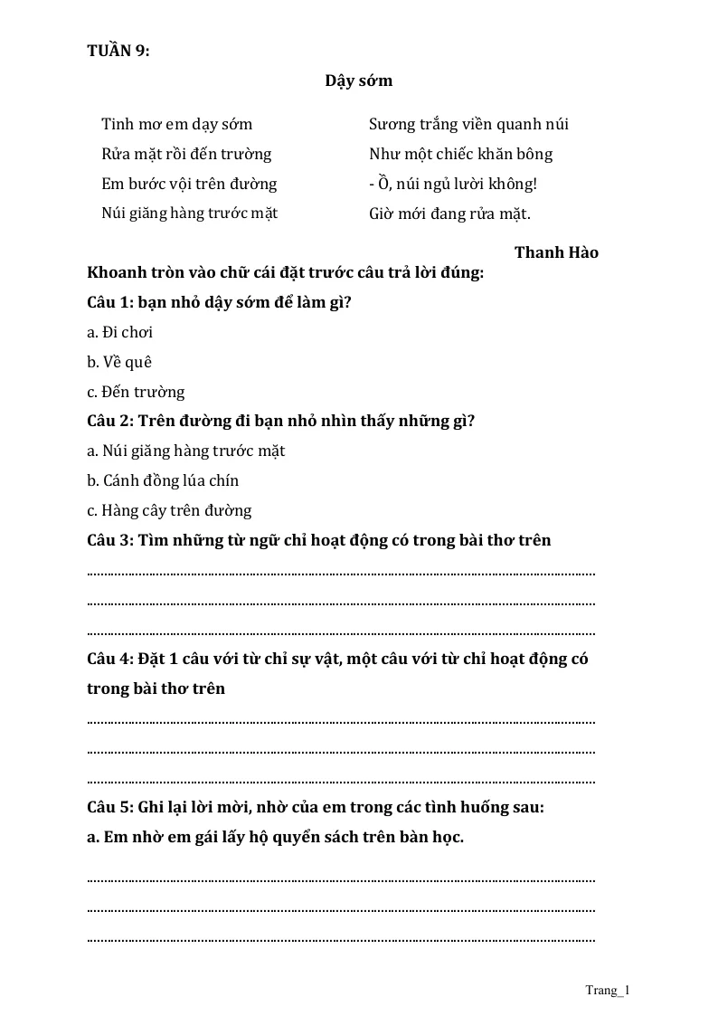 Phiếu Cuối Tuần Tiếng Việt 2 Tuần 9