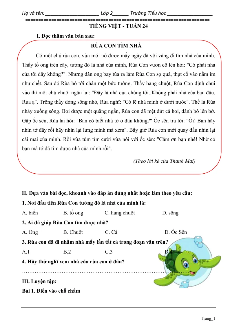 Phiếu Cuối Tuần Tiếng Việt 2 Tuần 24