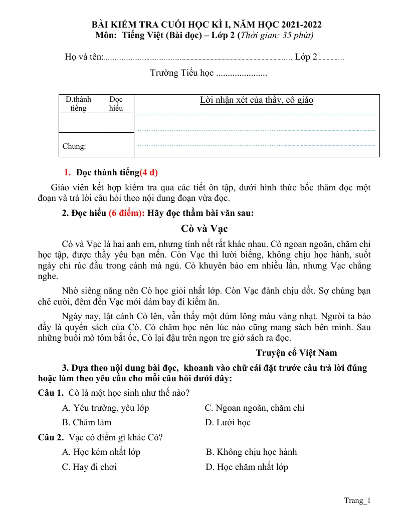 Đề Kiểm Tra Cuối Học Kì 1 Tiếng Việt 2 Có Đáp Án Và Ma Trận