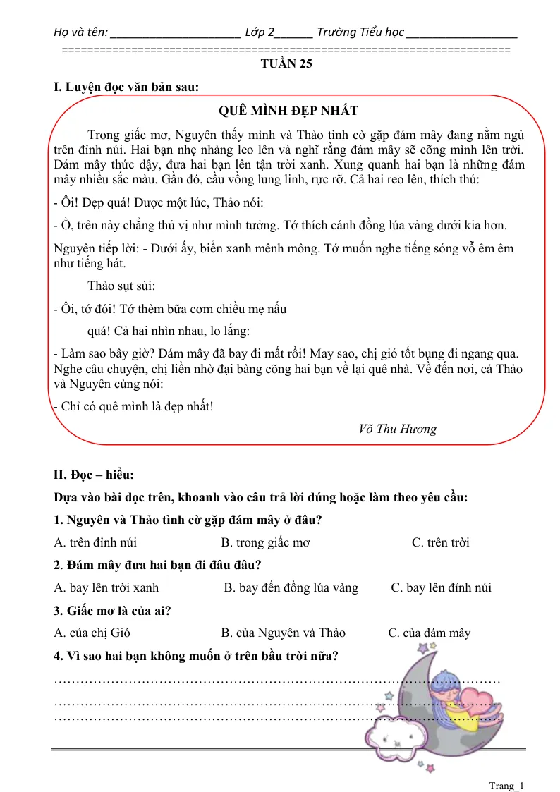Phiếu Cuối Tuần Tiếng Việt 2 Tuần 25