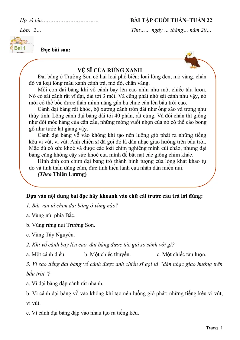 Phiếu Cuối Tuần Tiếng Việt 2 Tuần 22