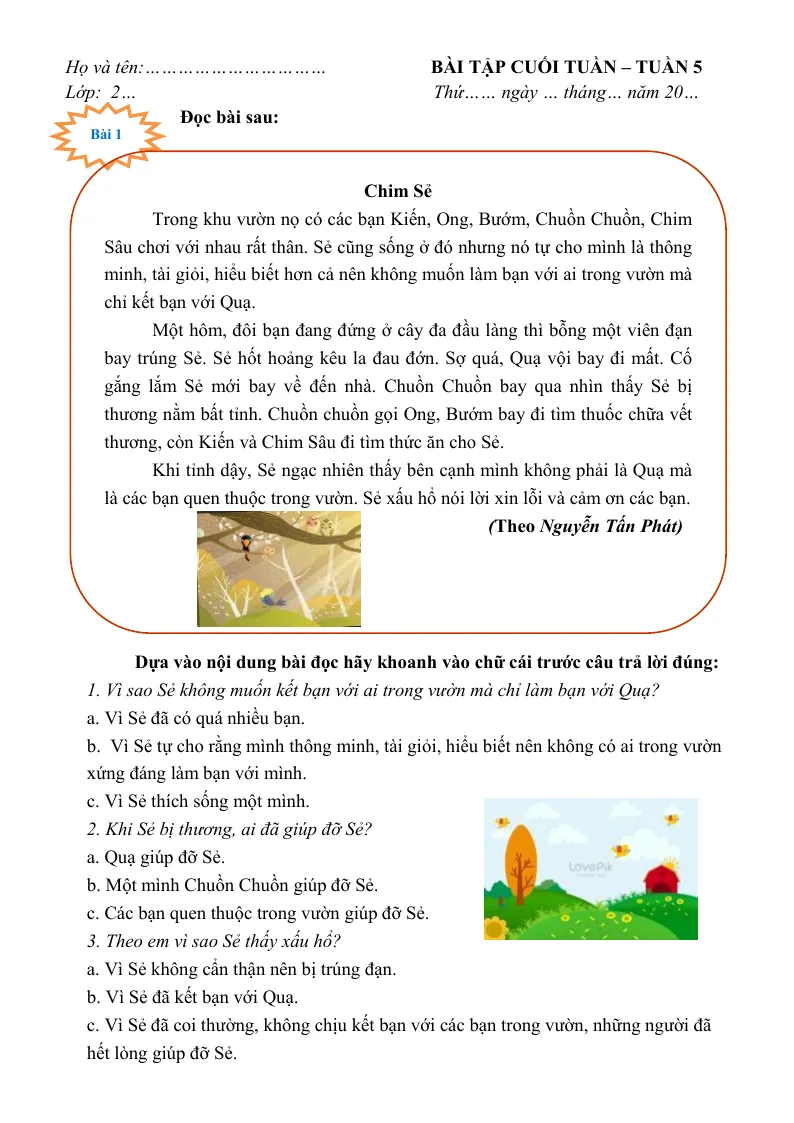 Phiếu Cuối Tuần Tiếng Việt 2 Tuần 5