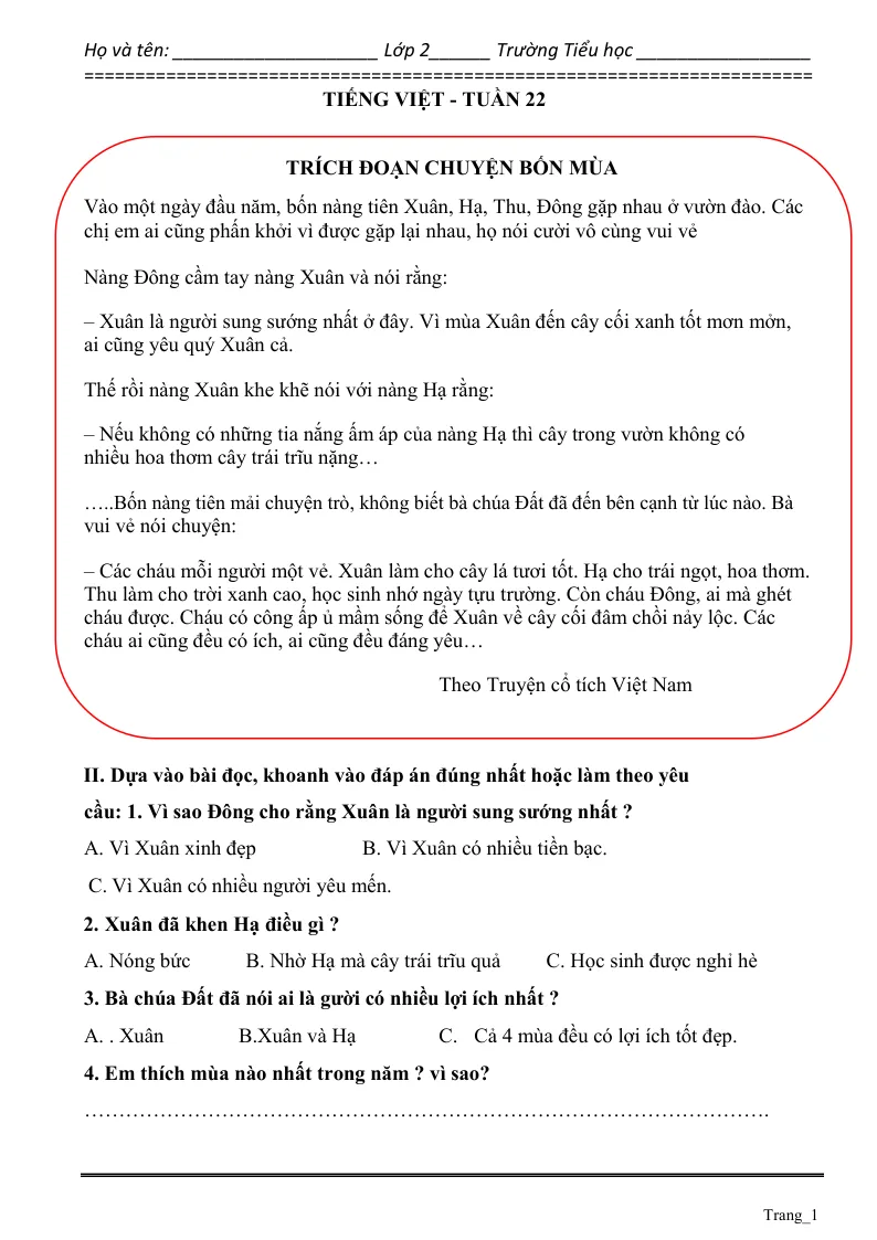 Phiếu Cuối Tuần Tiếng Việt 2 Tuần 22
