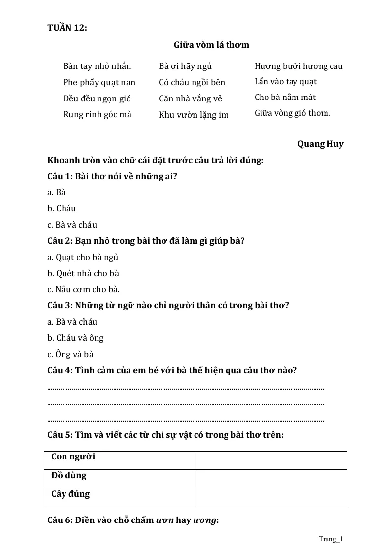 Phiếu Cuối Tuần Tiếng Việt 2 Tuần 12