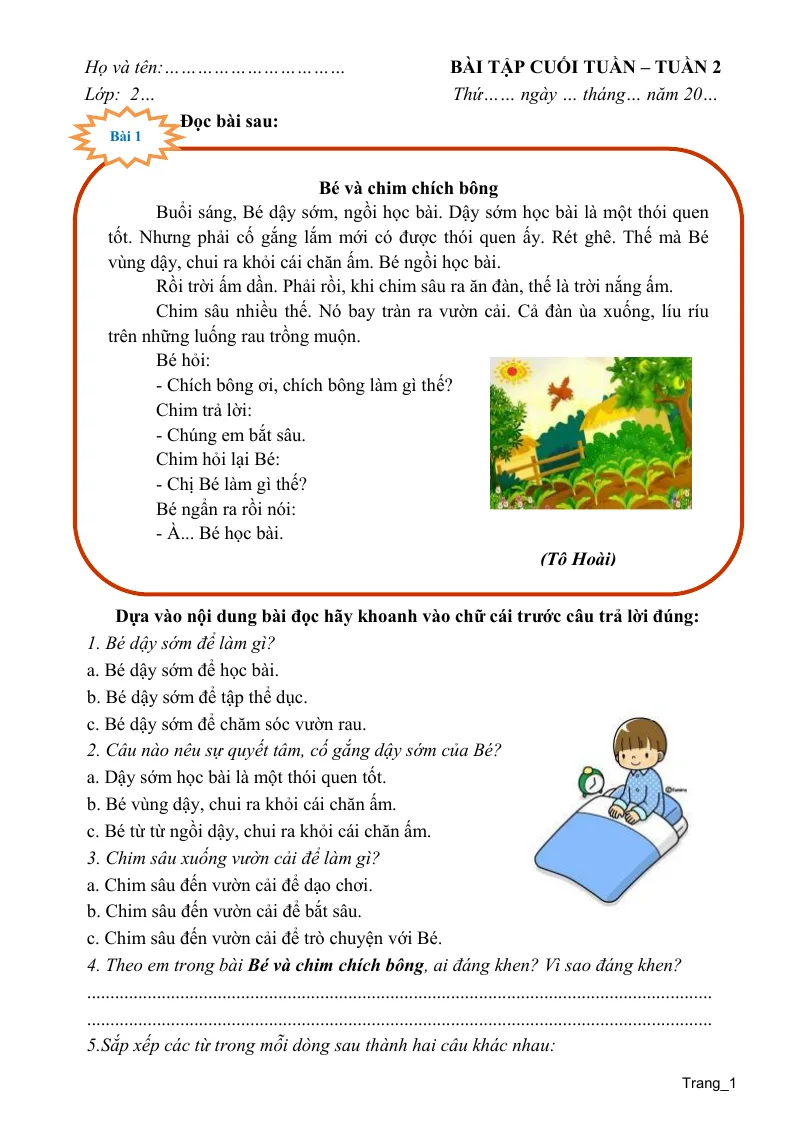 Phiếu Cuối Tuần Tiếng Việt 2 Tuần 2
