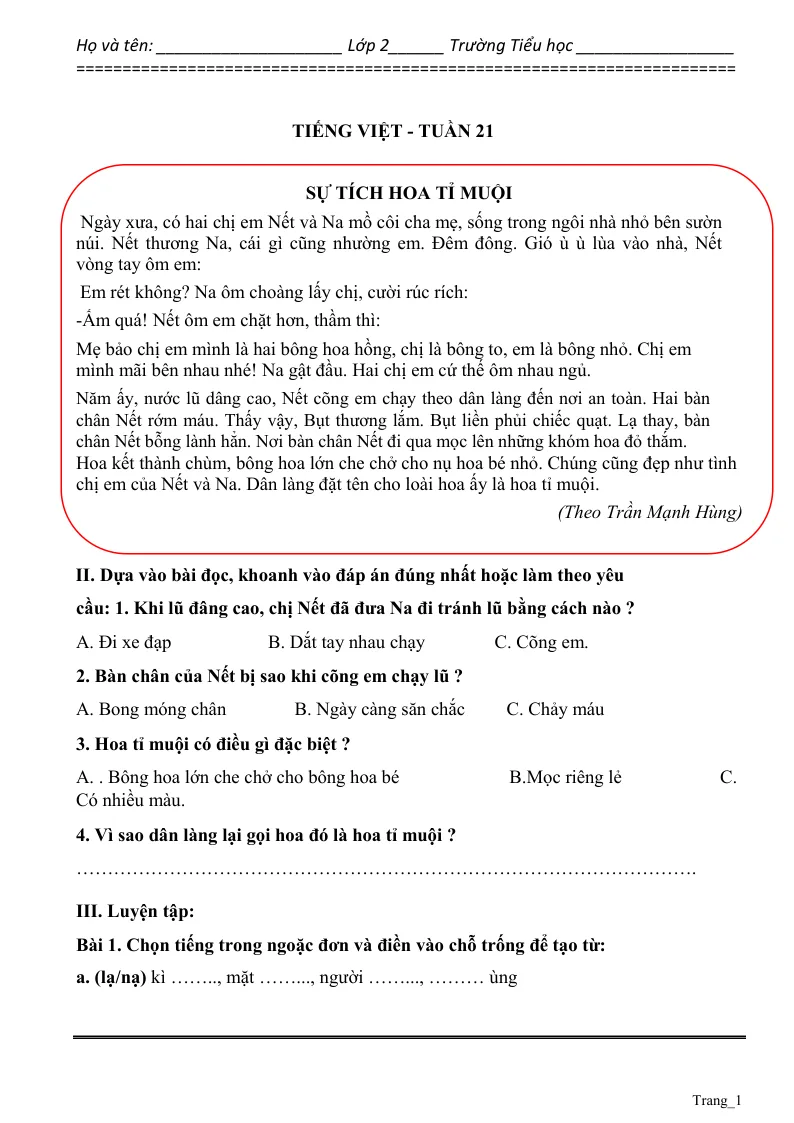 Phiếu Cuối Tuần Tiếng Việt 2 Tuần 21