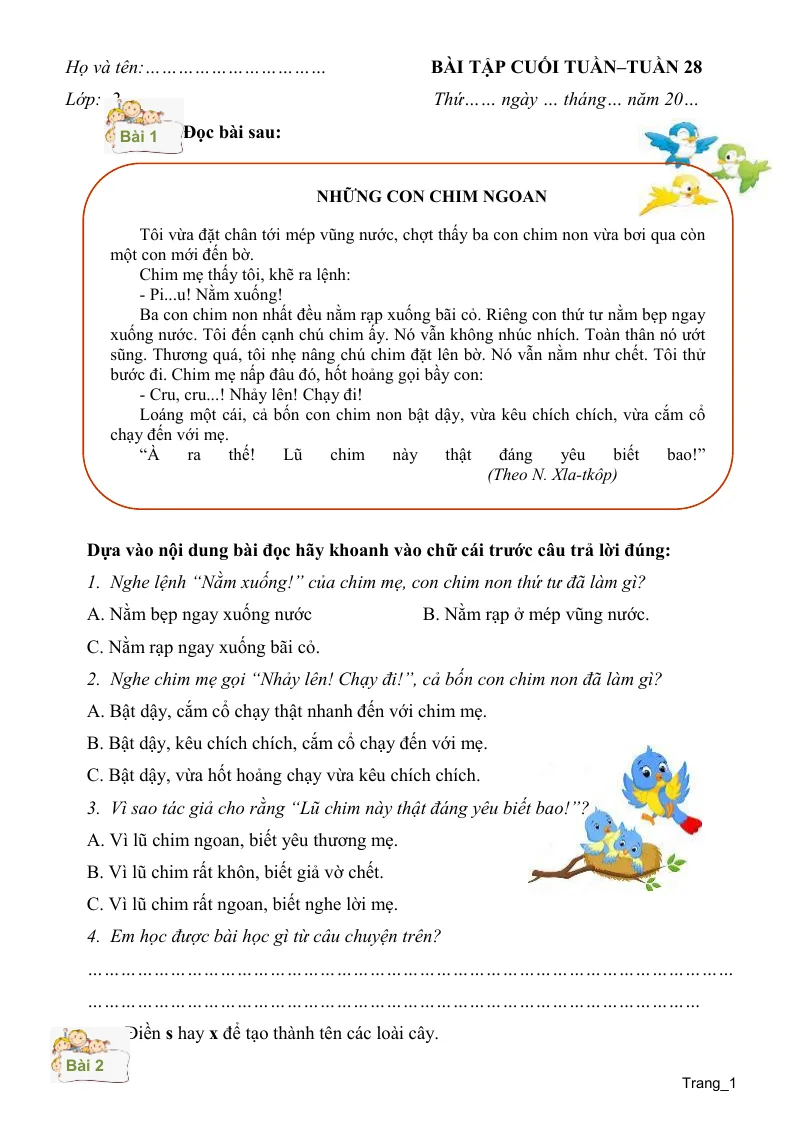 Phiếu Cuối Tuần Tiếng Việt 2 Tuần 28