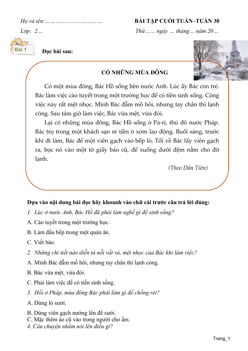 Phiếu Cuối Tuần Tiếng Việt 2 Tuần 30