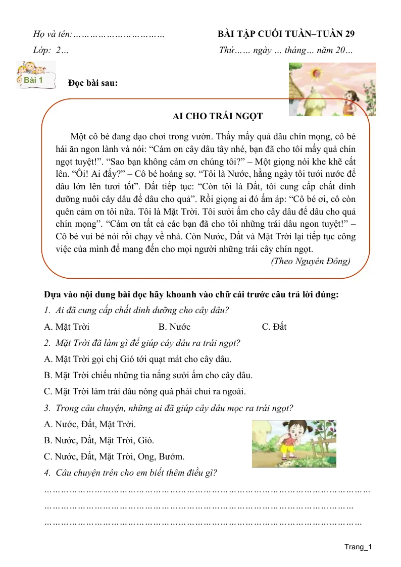 Phiếu Cuối Tuần Tiếng Việt 2 Tuần 29