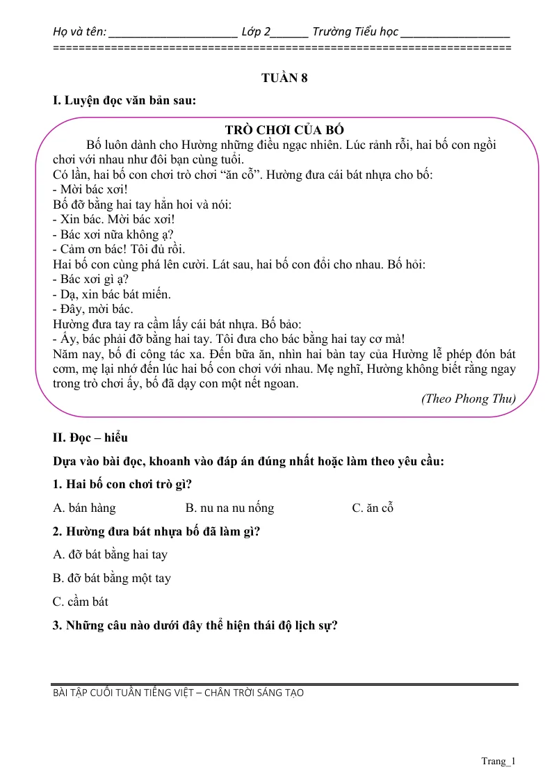 Phiếu Cuối Tuần Tiếng Việt 2 Tuần 8
