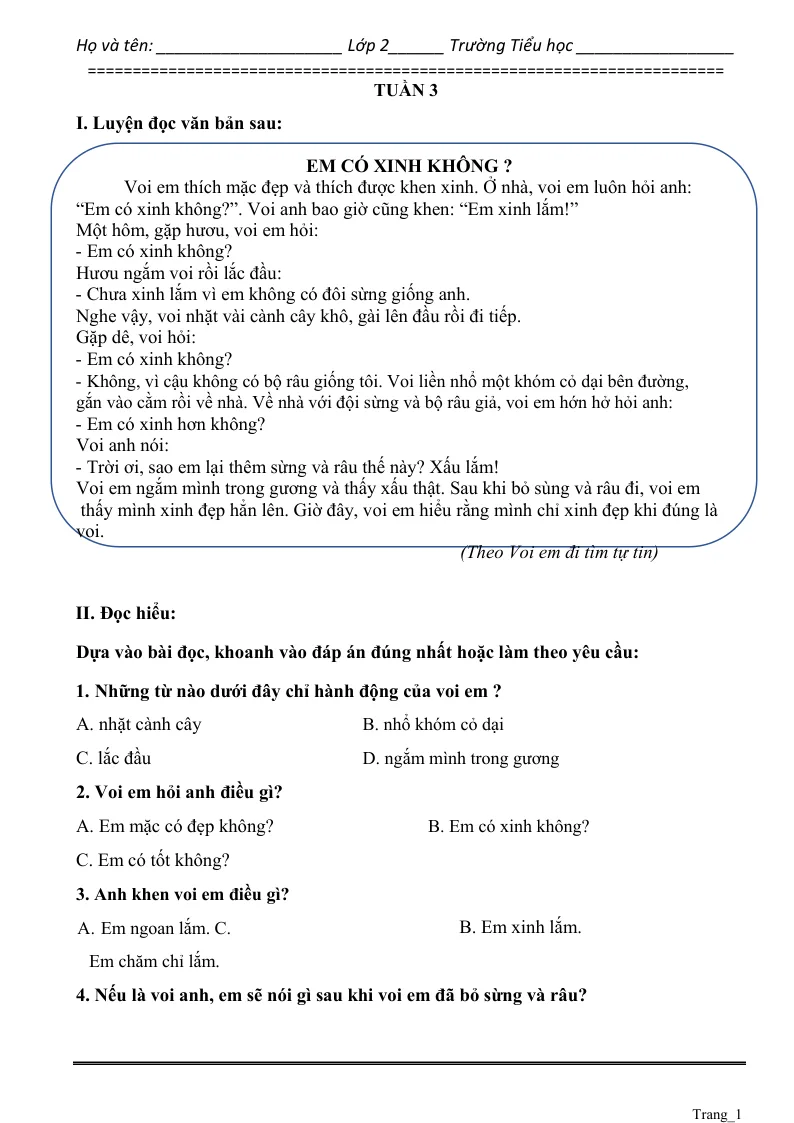 Phiếu Cuối Tuần Tiếng Việt 2 Tuần 3