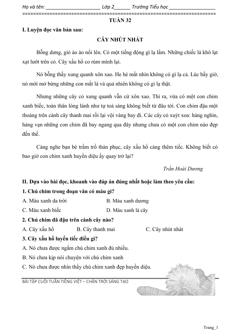 Phiếu Cuối Tuần Tiếng Việt 2 Tuần 32
