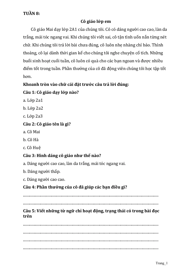Phiếu Cuối Tuần Tiếng Việt 2 Tuần 8