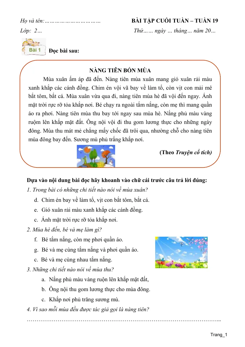 Phiếu Cuối Tuần Tiếng Việt 2 Tuần 19