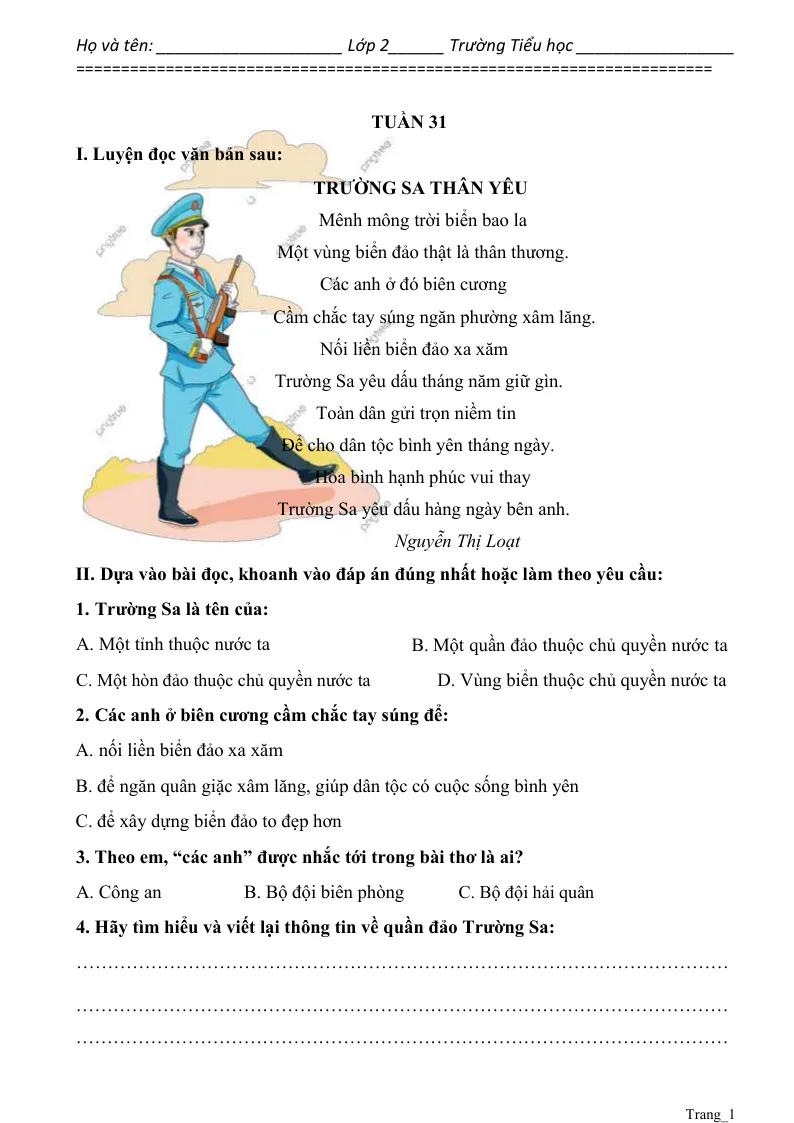 Phiếu Cuối Tuần Tiếng Việt 2 Tuần 31