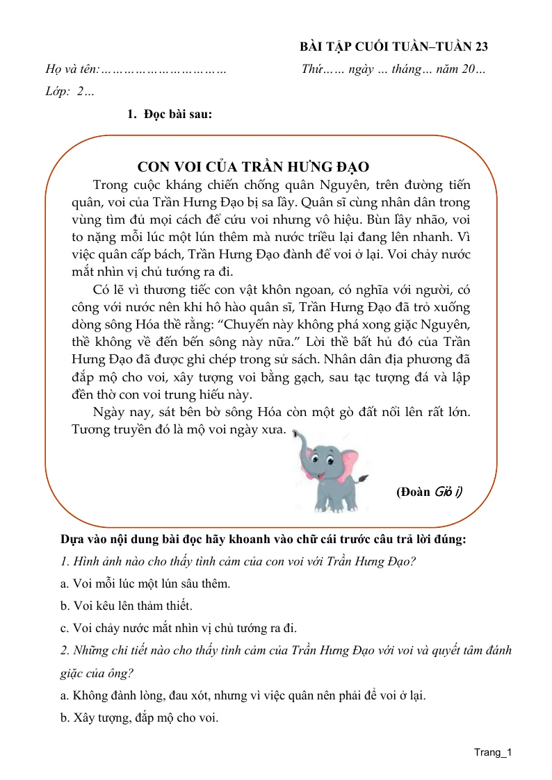 Phiếu Cuối Tuần Tiếng Việt 2 Tuần 23