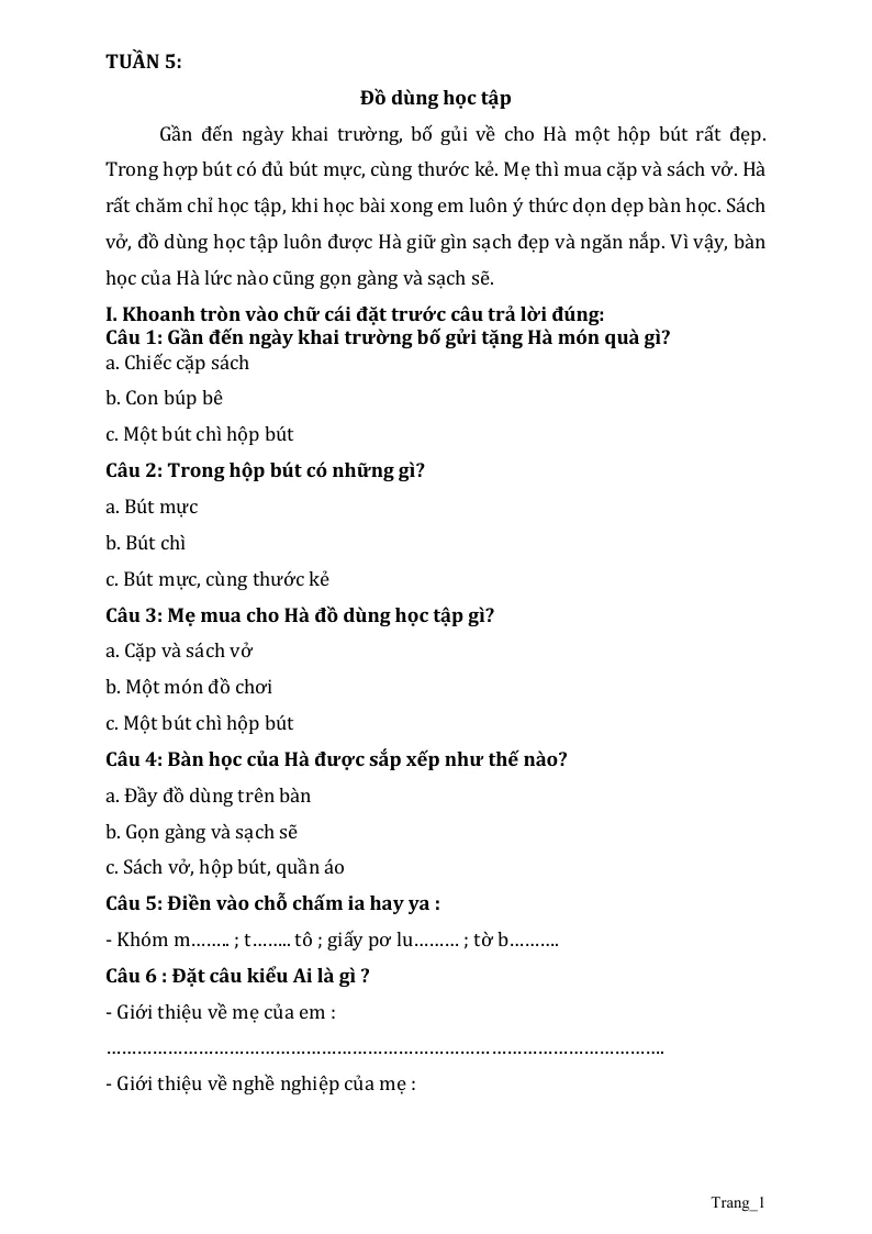 Phiếu Cuối Tuần Tiếng Việt 2 Tuần 5