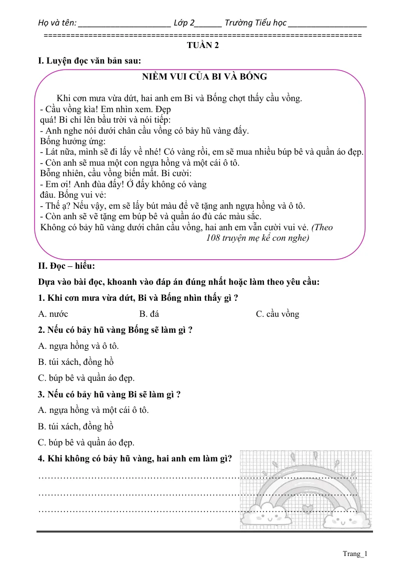 Phiếu Cuối Tuần Tiếng Việt 2 Tuần 2